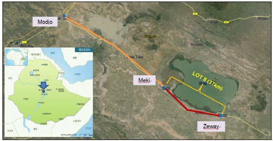 대우건설이 수주한 에티오피아 메키(Meki)~즈웨이(Zeway) 연결 고속도로 위치도.  대우건설 제공